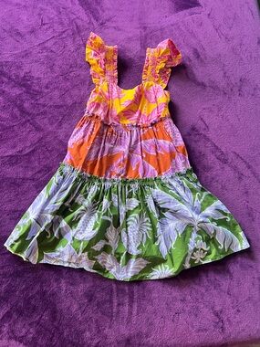 FARM Rio Mixed Tropical Swing Mini Dress, Tiered with Elastic Back, Size Small